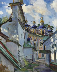 Вид на Печерский монастырь (Колокольни и купола Успенского собора Псково-Печерского монастыря)