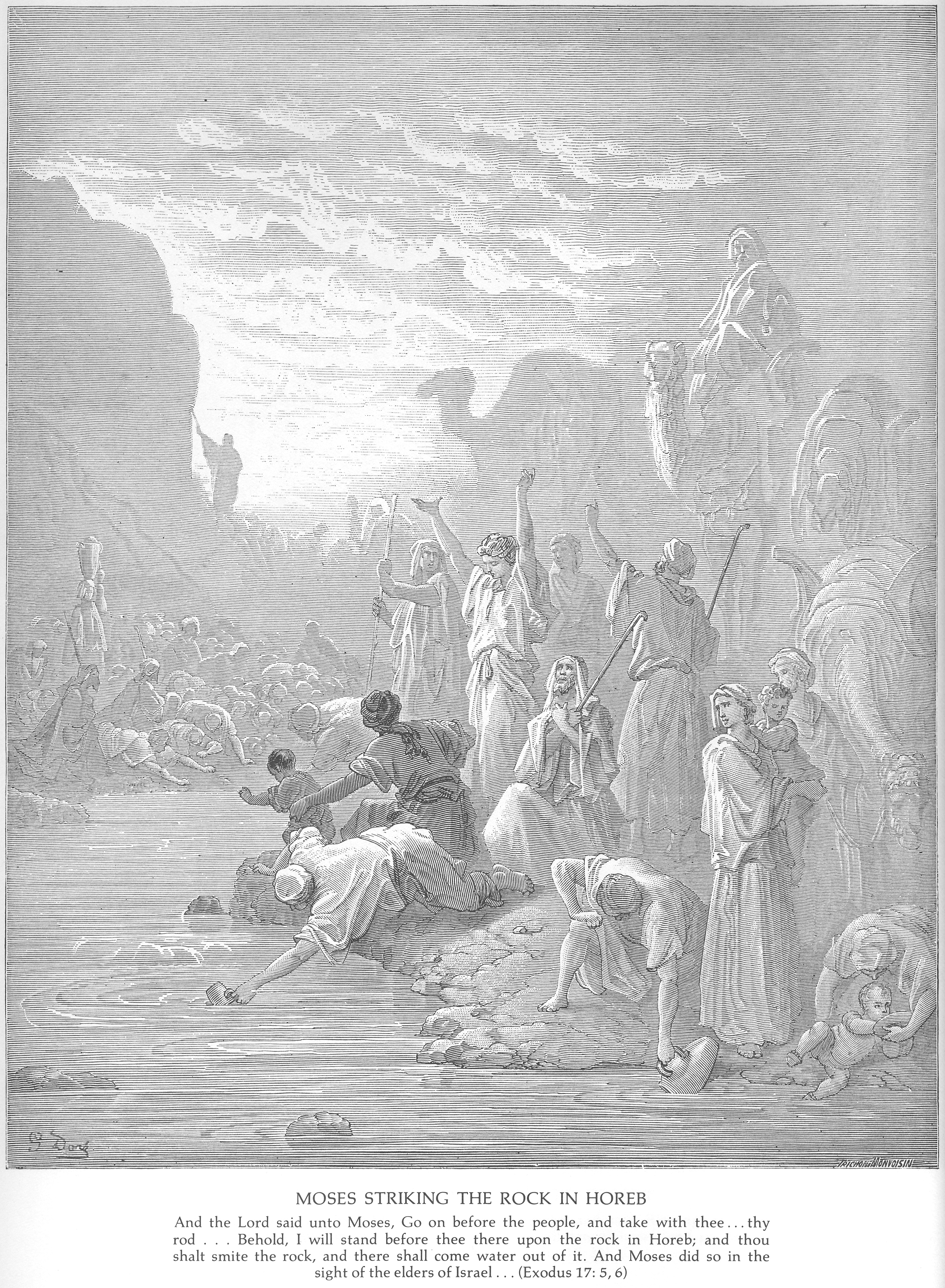 Моисей выбивает воду, ударив по скале в Хориве