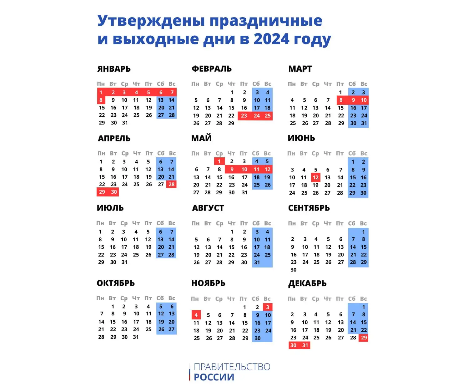 Правительство утвердило график праздничных и выходных дней в России в 2024 году