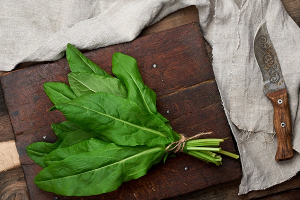 bunch of fresh green sorrel leaves and old brown cutting board - Овощи, бобовые, грибы: полезные советы