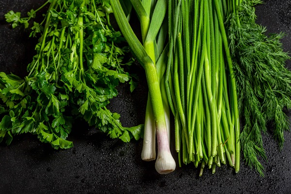 fresh greens dill green onion parsley and garlic on black background - Овощи, бобовые, грибы: полезные советы