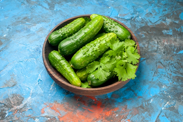 front view fresh cucumbers inside plate on blue background ripe food meal color salad - Яичные «Птенчики»