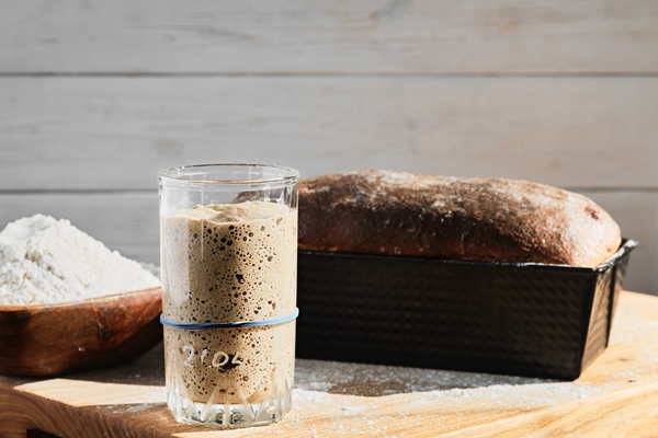 rye and wheat sourdough starter in a glass jar next to the ingredient flour and freshly baked whole grain bread selective focus - О полезном домашнем хлебе
