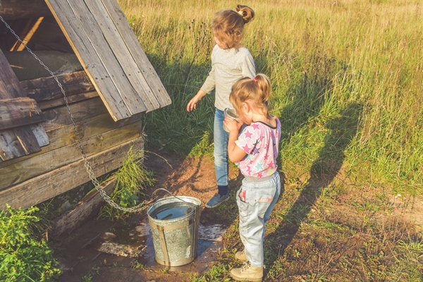 the sunny summer day a child in a well draws water in a bucket and drinks from a metal mug - Фрукты, ягоды