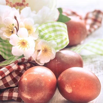Яйца, крашенные веточками или корой вишни