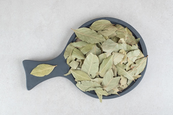 dried green bay leaves on a wooden plate - Маринованные боровики, подберезовики и подосиновики