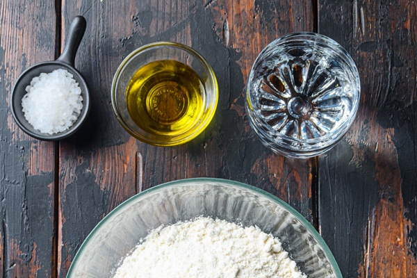 ingredients for the dough flour oil water and salt 2 - Постные блинчики с капустой и баклажанами