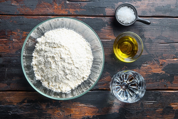 ingredients for the dough flour oil water and salt 3 - Постные блинчики с рисом и рыбой