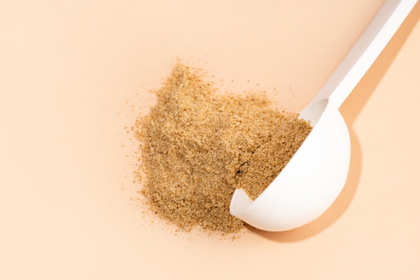 mixture of dietary fiber supplement white scoop of dietary fiber on a beige background dietary - Постные блинчики с карамельной тыквой