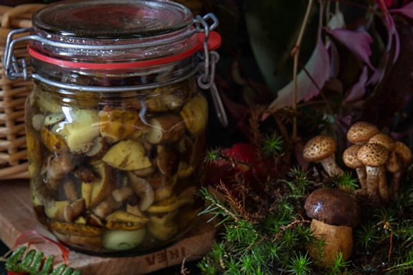 seasonal mushroom picking preparations for the winter making homemade marinades marinated mushrooms in a glass jar standing on a wooden table with mushrooms 1 - Грибы жареные (на зиму)