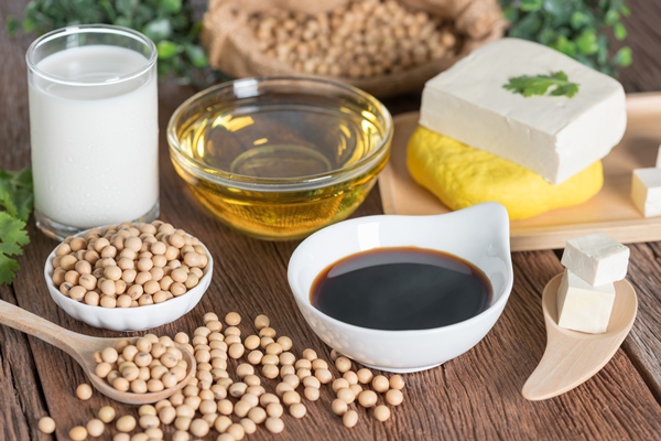 various soy products with soy sauce tofu oil soy bean and soy milk - Постные картофельные блинцы