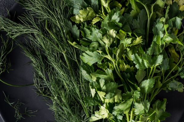 a bunch of fresh healthy greens of parsley and dill - Суп весенний, постный стол