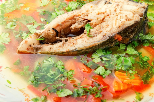 appetizing traditional fish soup fish soup carp soup close up macro - Форель варёная