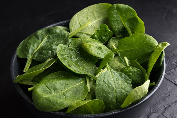 baby spinach leaves with water drops in a ceramicn plate on a black surface - Зелёный смузи