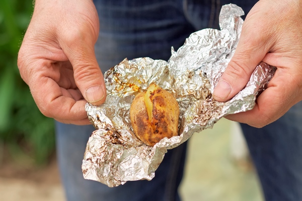 baked on the coals prepared potato on foil in male hands - Картофель печёный