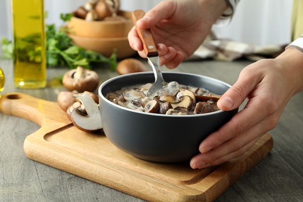 concept of tasty food with mushroom sauce on gray textured table - Грибная подливка