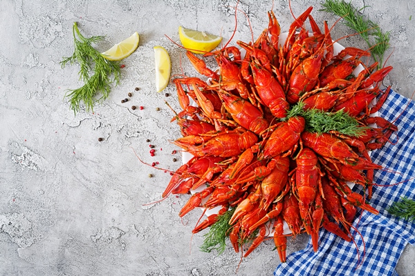 crayfish red boiled craw fishes on table in rustic style closeup - Раки варёные, постный стол