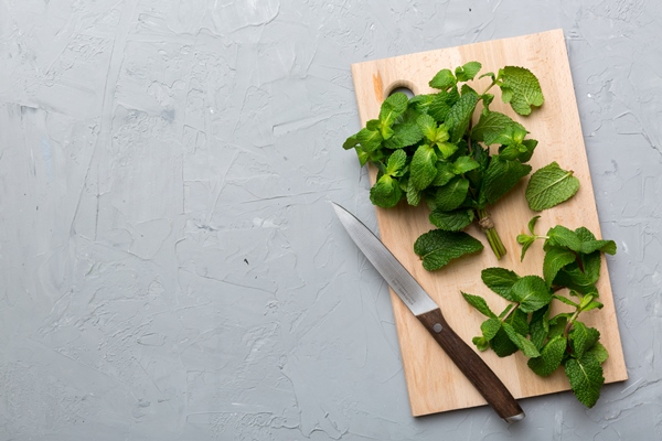 fresh mint on cutting board table top view flat lay space for - Домашний квас