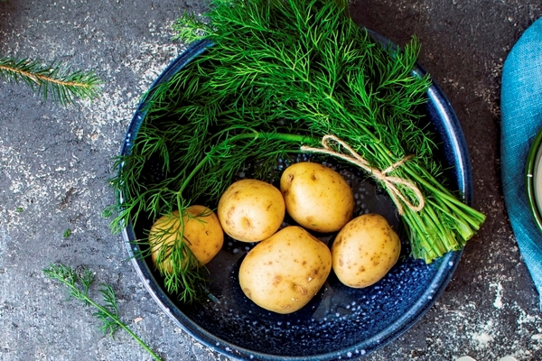fresh potatoes and pie dough in the kitchen - Салат из настурции с картофелем