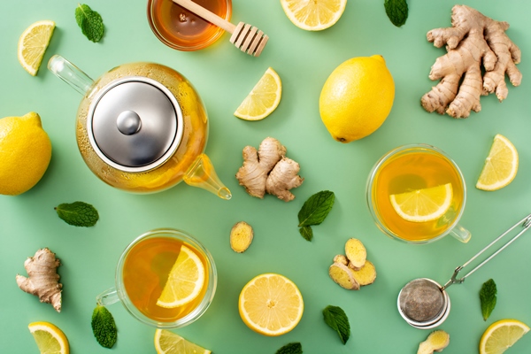 ginger tea with lemon and honey pattern on green background - Имбирный чай