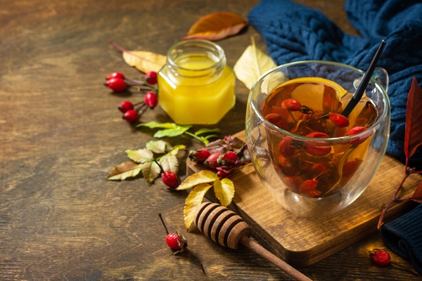 healthy winter vitamin drink hot rosehip tea with honey and dried fruits copy space - Напиток из шиповника