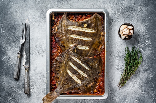 plaice or flounder flat fish baked in a tomato sauce in baking tray white background top view - Рыба жареная или печёная