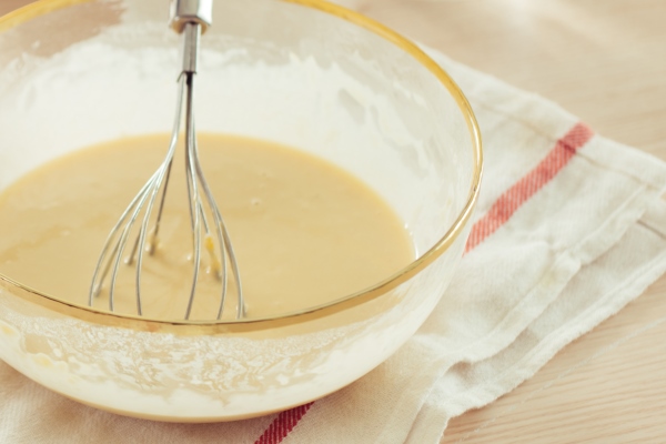 recipe ingredients eggs flour milk almonds banana on white surface - Картофель в кляре с грибным соусом