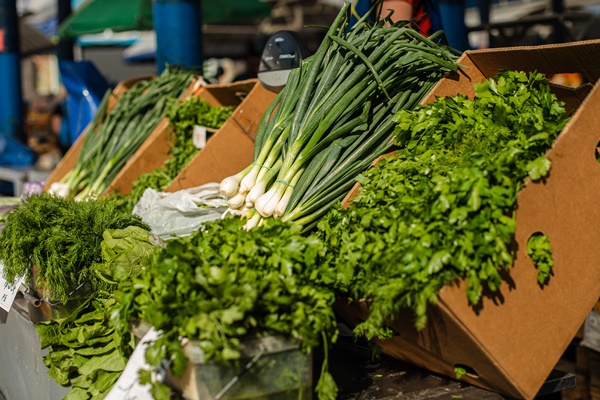 stall with fresh and organic spring onion bunches of parsley and dill in the sunlight of the outdoor market - Суп из свежих грибов, постный стол