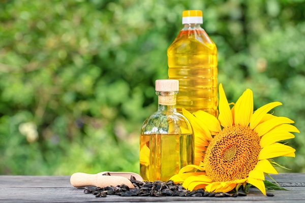 sunflower oil in a glass and plastic bottle - Салат луковый
