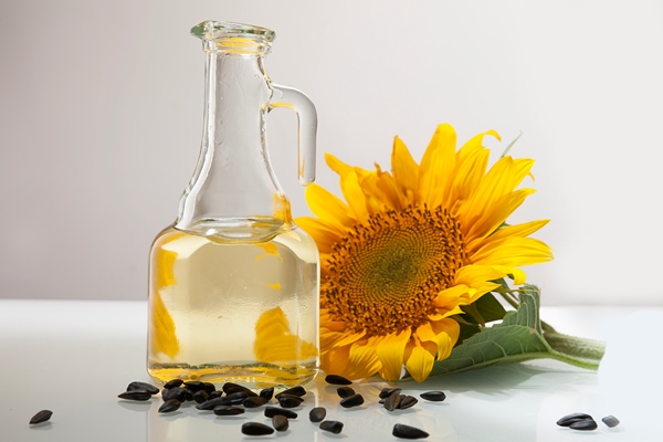 sunflower oil in a transparent jug with sunflower flower - Тушёный картофель с черносливом и изюмом