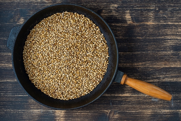close up of roasted barley grains in a cast iron skillet on table top view ingredient for beer or kvass 1 - Квас «кислые щи» с мёдом