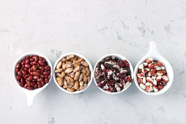 four varieties of beans protein rich located on a gray concrete background view from above - Суп из фасоли с лапшой