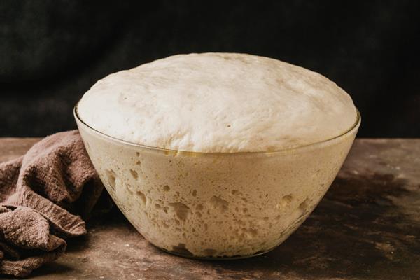 high angle of bowl with growing dough for pizza - Пампушки с чесноком к борщу