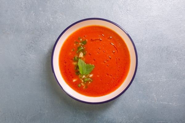 plate of gazpacho made from tomato with garlic and basil leaves on gray background copy space traditional spanish dish - Суп-пюре из помидоров и яблок
