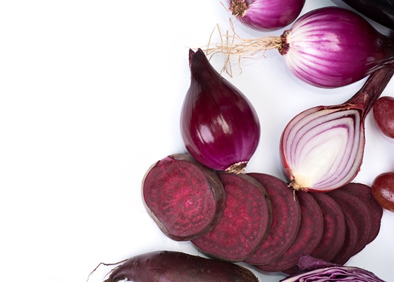 raw violet vegetables and fruit on white background - Борщ из жареной свёклы