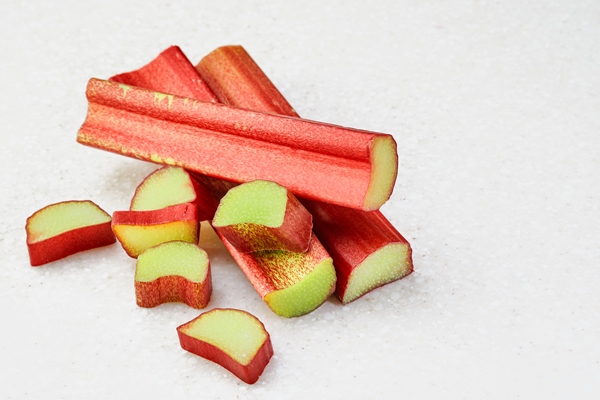 sliced stalk of rhubarb on a white marble background whole rhubarb sticks with a few pieces of chopped rhubarb isolated ingredients for making a pie - Квас из ревеня