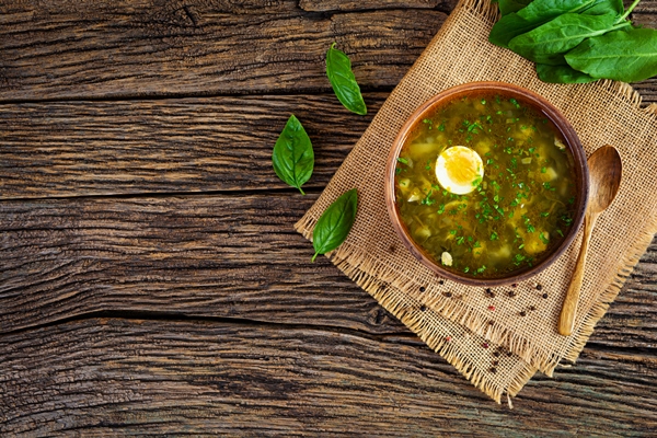 sorrel soup in bowl traditional russian green soup with sorrel - Щи зелёные из одного щавеля или пополам со шпинатом