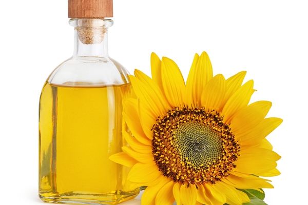 sunflower oil and sunflower flower on a white isolated background - Постный суп из крапивы и бобовых