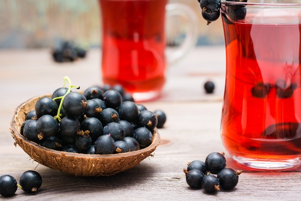 bowl with black currant berries and fresh compote of ripe black currant in a glass on a wooden table - Взбитая манная каша с чёрной смородиной