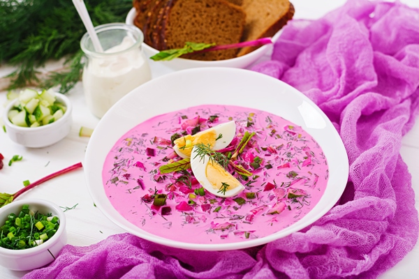 cold beetroot beet soup on yogurt with egg onion and cucumbers - Борщ зелёный украинский