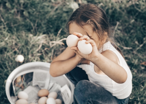 little girl holding and picking good eggs quality organic and bring to the eye on the farm - Варёные яйца вкрутую