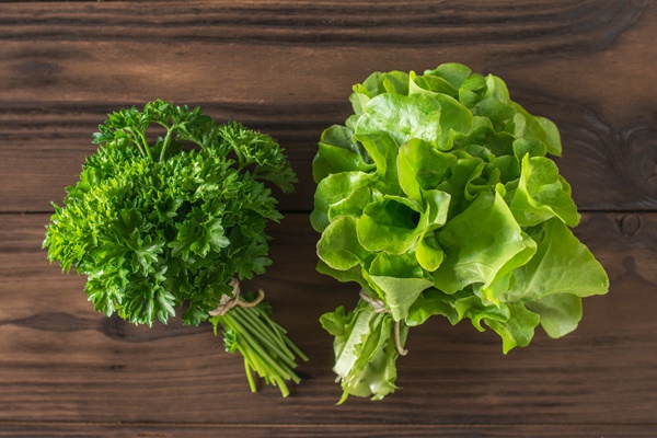 parsley and lettuce leaves in bunches on the table the concept of healthy eating flat lay - Салат «по-испански» с авокадо