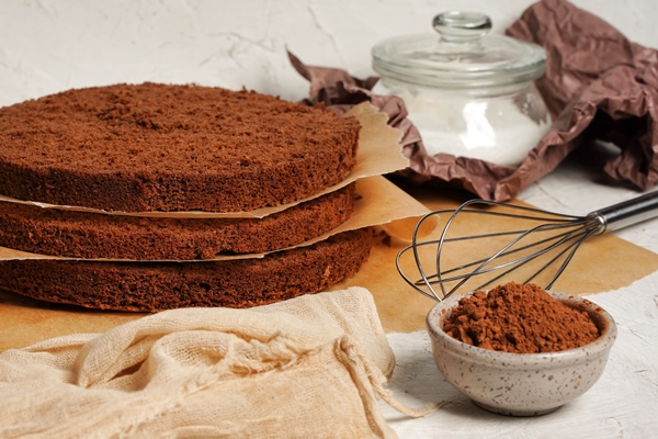 chocolate sponge cake layers sponge cake shortcakes on baking grid text space selective focus close up - Постный торт "Прага"