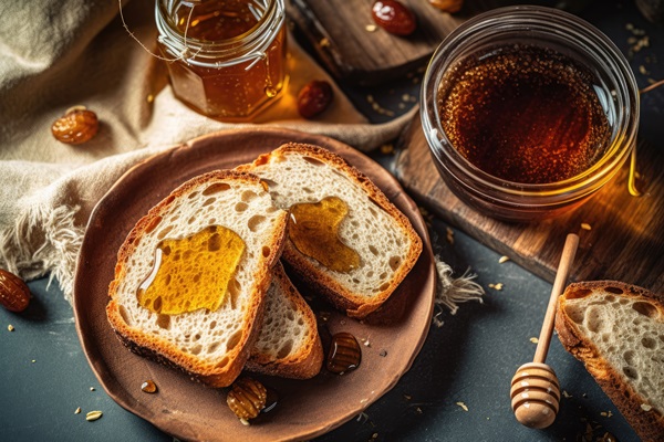 dates in with bread honey in the kitchen table professional advertising food photography - Бутерброды с мёдом, чёрным кунжутом и фруктами