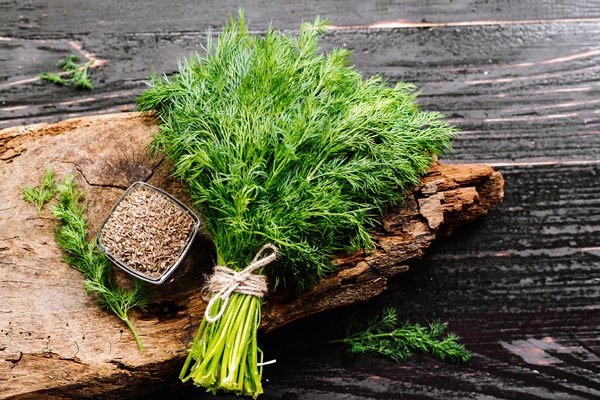 dry seeds with raw dill on wooden background - Салат из пекинской капусты с сухофруктами