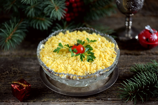 festive salad mimosa with canned fish potatoes cheese carrots and eggs - Постный салат "Мимоза" с рыбой