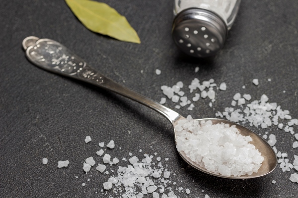 salt in metal spoon salt shaker and bay leaf - Сушки к чаю