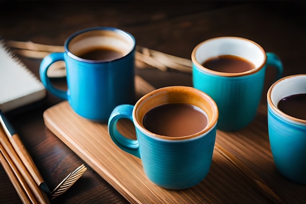 cups of coffee and tea on a wooden table - Горячий шоколад со взбитыми сливками