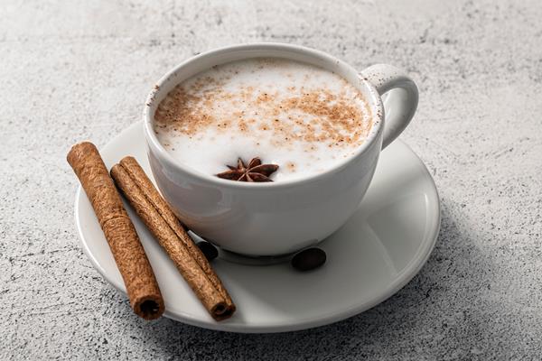 high angle of coffee cup with cinnamon sticks and star anise 1 - Кофе "Раф"