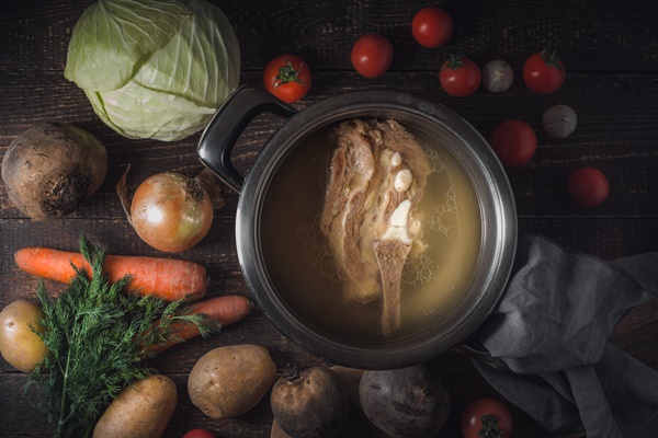ingredient for traditional russian and ukrainian beetroot soup borscht top view - Бульон с сельдереем